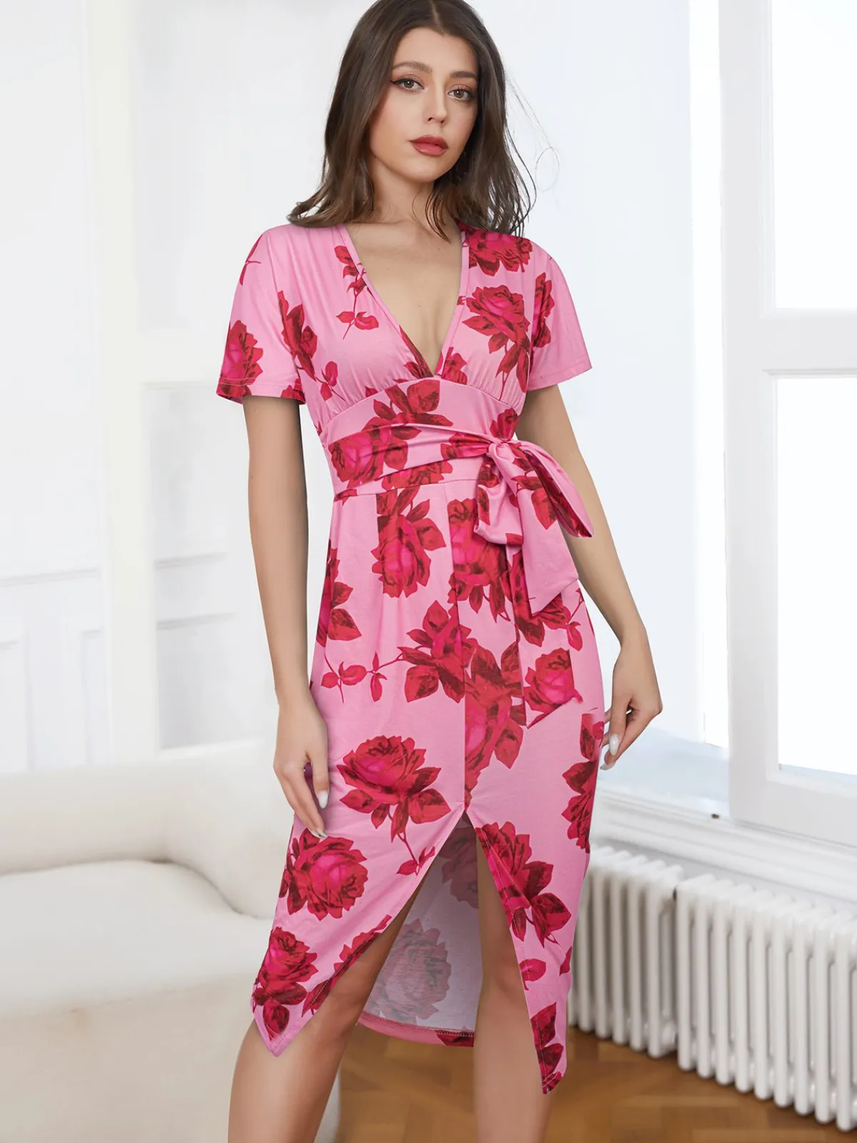 Sale Retro Stage 1960s V-Neck Floral Tie Split Dress Pink