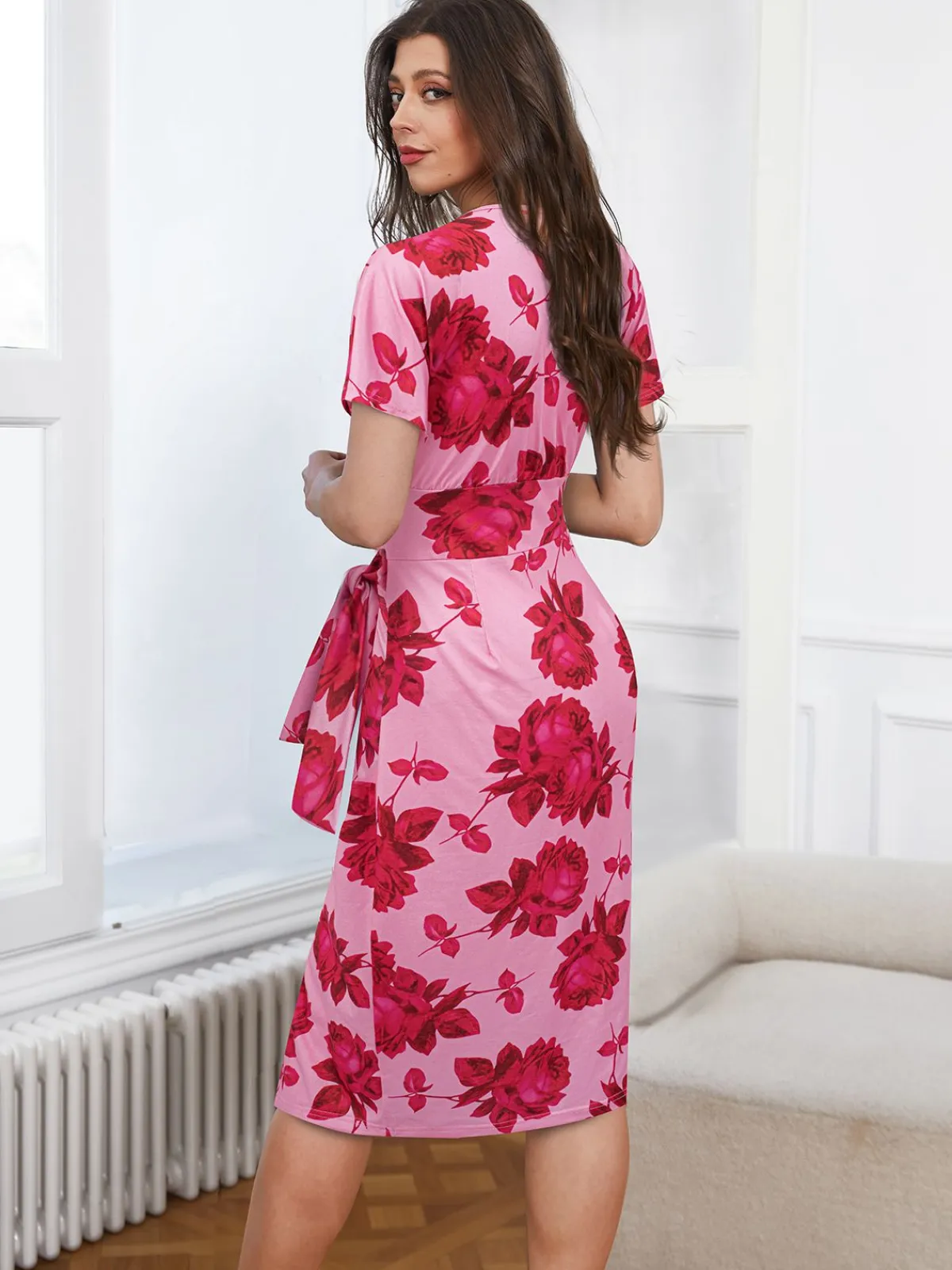 Sale Retro Stage 1960s V-Neck Floral Tie Split Dress Pink