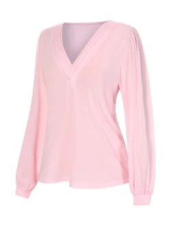 Outlet Retro Stage 1930s V-Neck Lantern Sleeve Top Pink