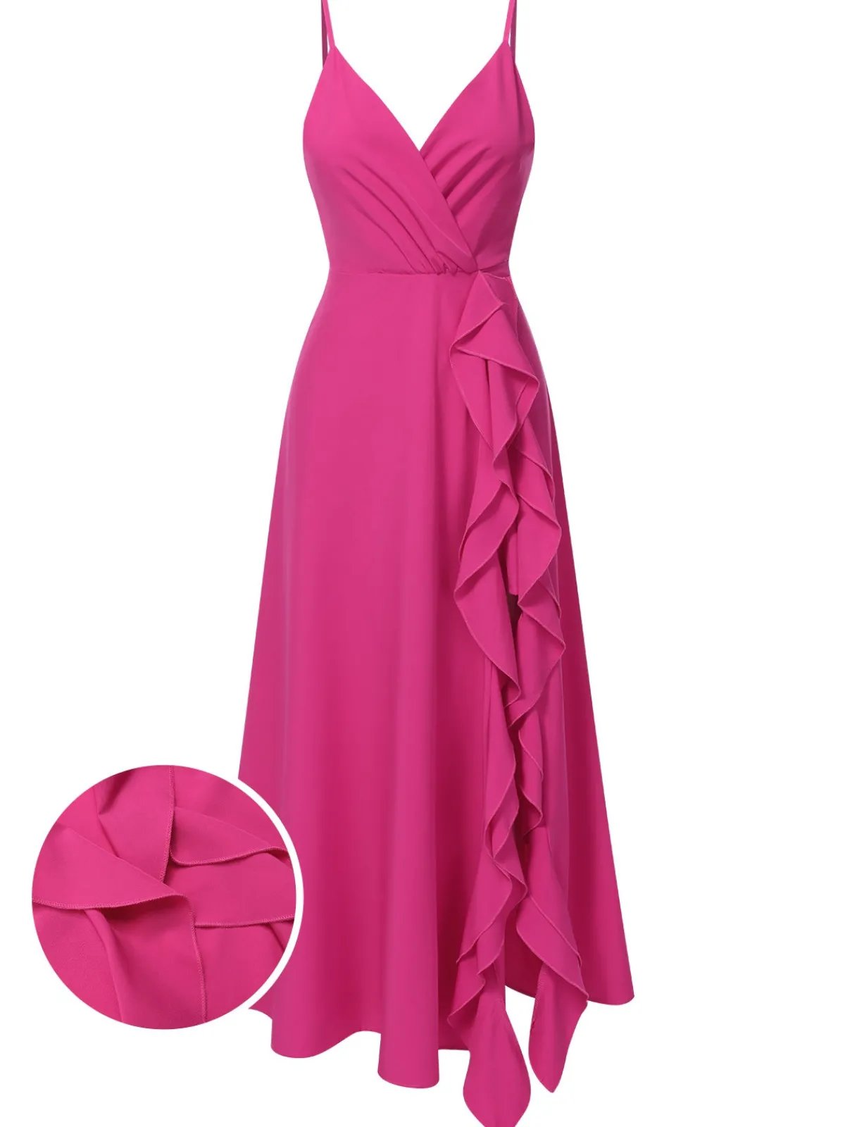 Best Retro Stage 1930s V-Neck Ruffled Irregular Slit Dress Pink