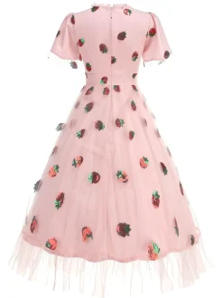 New Retro Stage 1950s V-Neck Strawberry Mesh Swing Dress Pink
