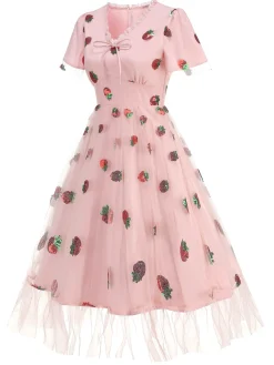 New Retro Stage 1950s V-Neck Strawberry Mesh Swing Dress Pink