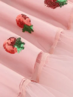New Retro Stage 1950s V-Neck Strawberry Mesh Swing Dress Pink