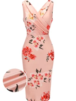 Hot Retro Stage 1960s V-neck Wrap Floral Pencil Dress Pink