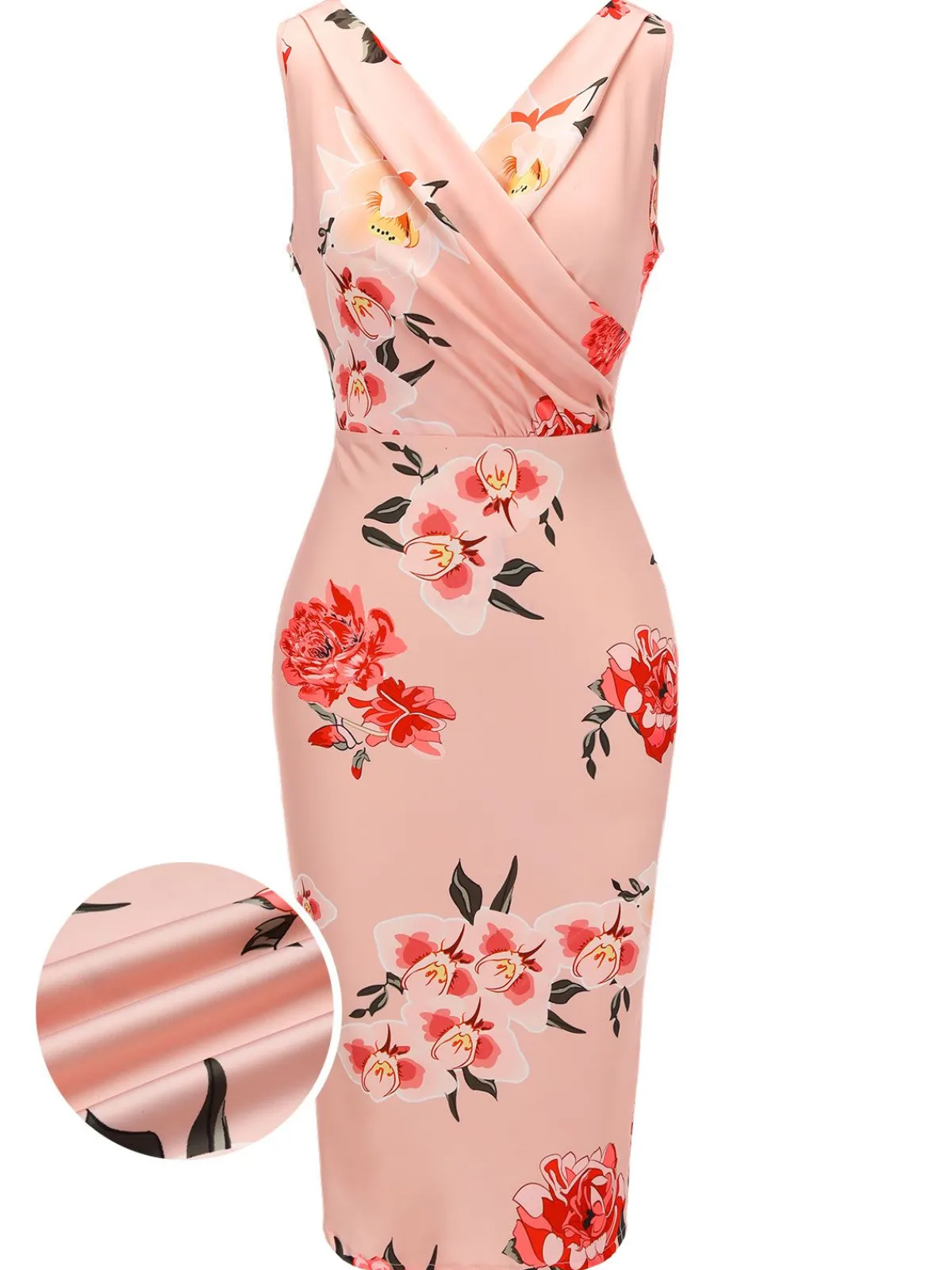 Hot Retro Stage 1960s V-neck Wrap Floral Pencil Dress Pink