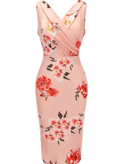 Hot Retro Stage 1960s V-neck Wrap Floral Pencil Dress Pink