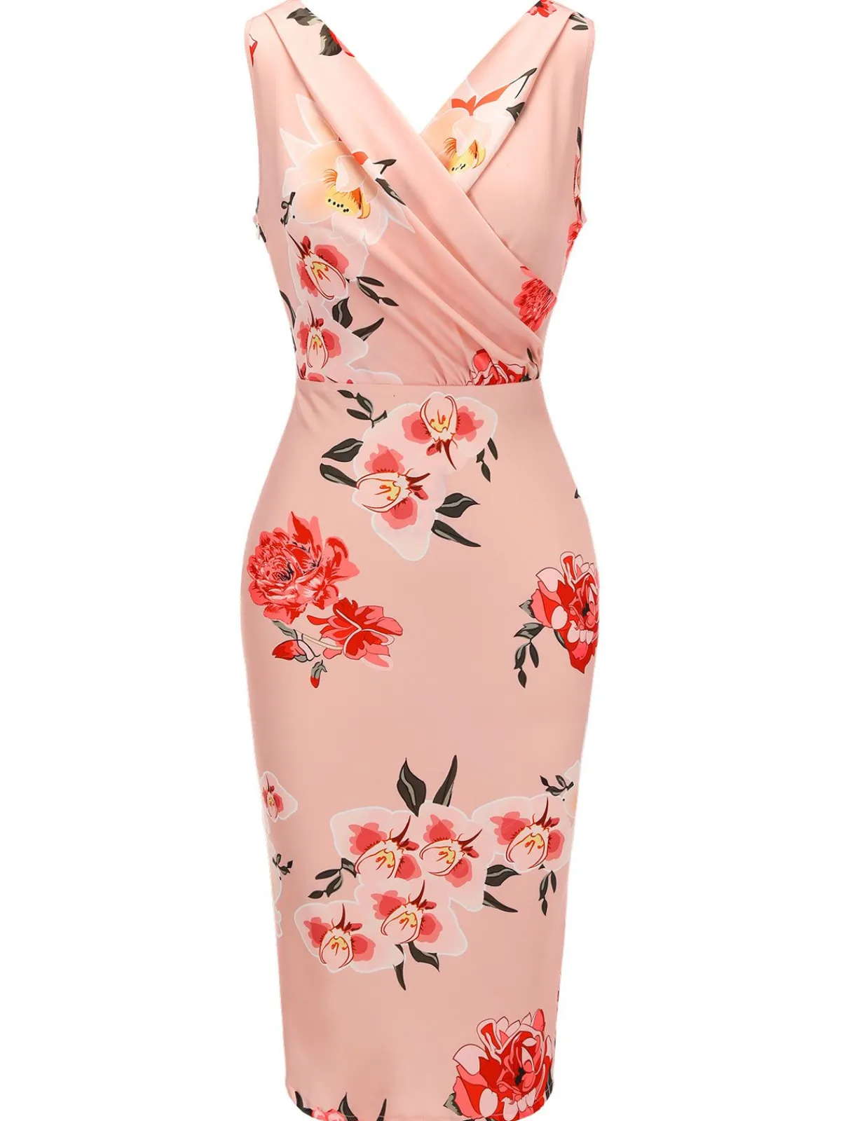 Hot Retro Stage 1960s V-neck Wrap Floral Pencil Dress Pink