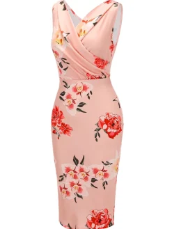 Hot Retro Stage 1960s V-neck Wrap Floral Pencil Dress Pink