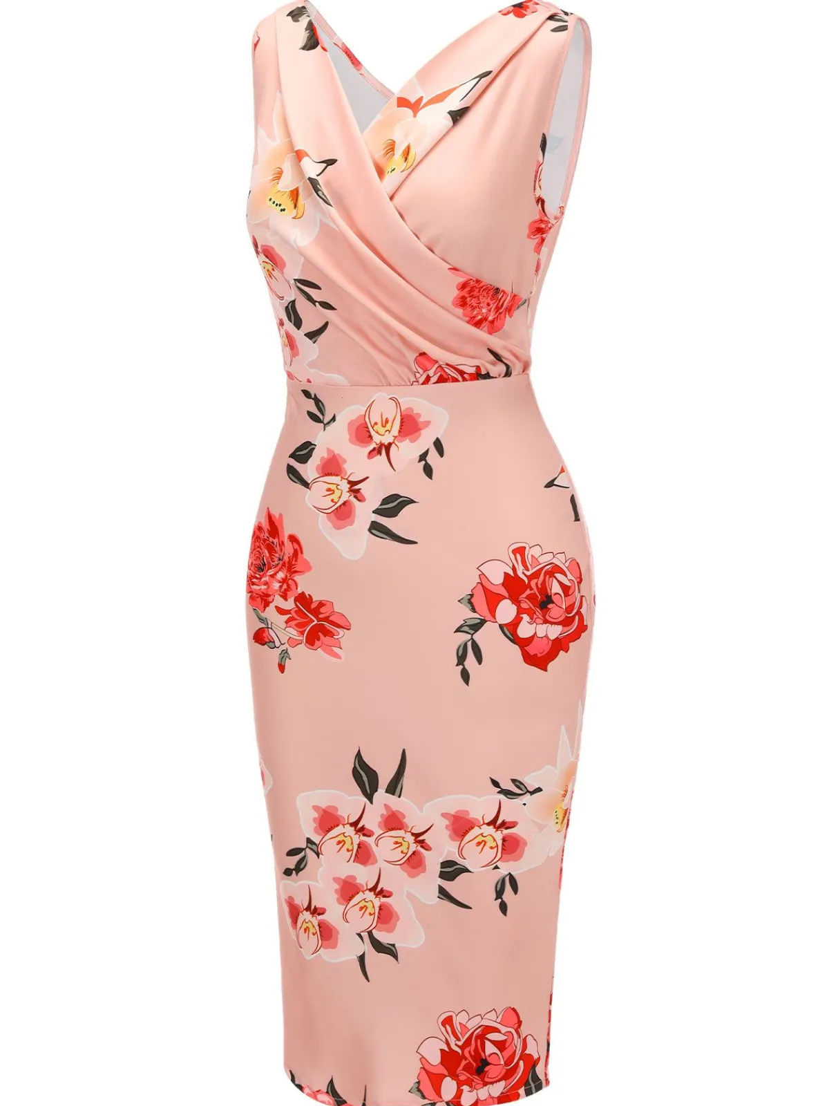 Hot Retro Stage 1960s V-neck Wrap Floral Pencil Dress Pink