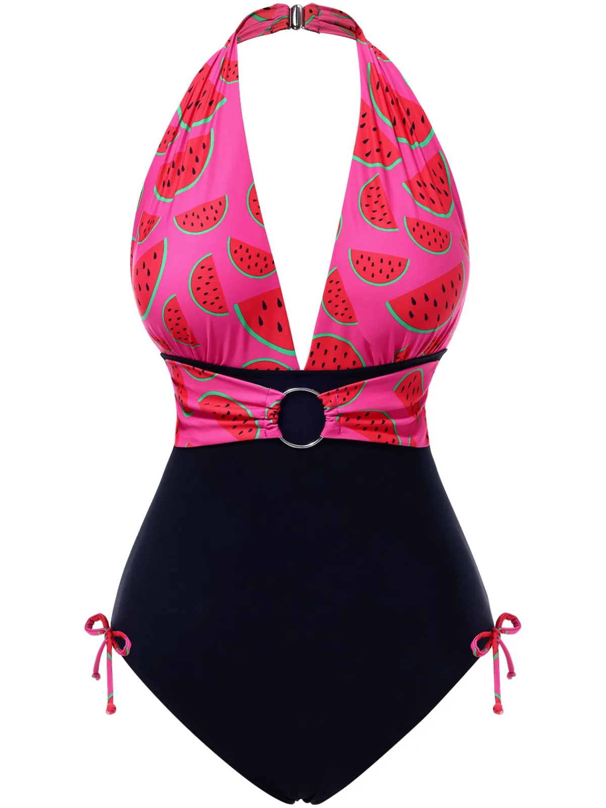 Sale Retro Stage 1960s Watermelon Deep V Halter Swimsuit Pink