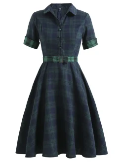 Fashion Retro Stage Plaids 1950s Buttoned Belted Swing Dress