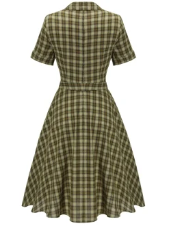 Fashion Retro Stage Plaids 1950s Buttoned Belted Swing Dress