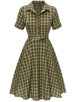 Outlet Retro Stage Plaids 1950s Buttoned Belted Swing Dress