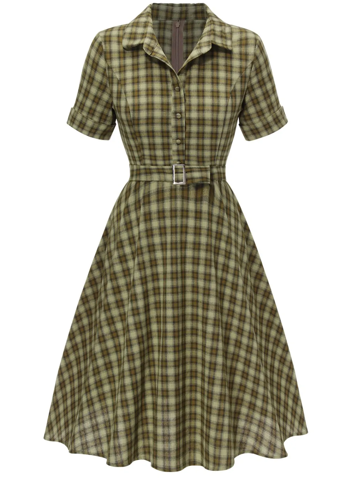 Outlet Retro Stage Plaids 1950s Buttoned Belted Swing Dress