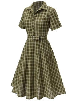Outlet Retro Stage Plaids 1950s Buttoned Belted Swing Dress