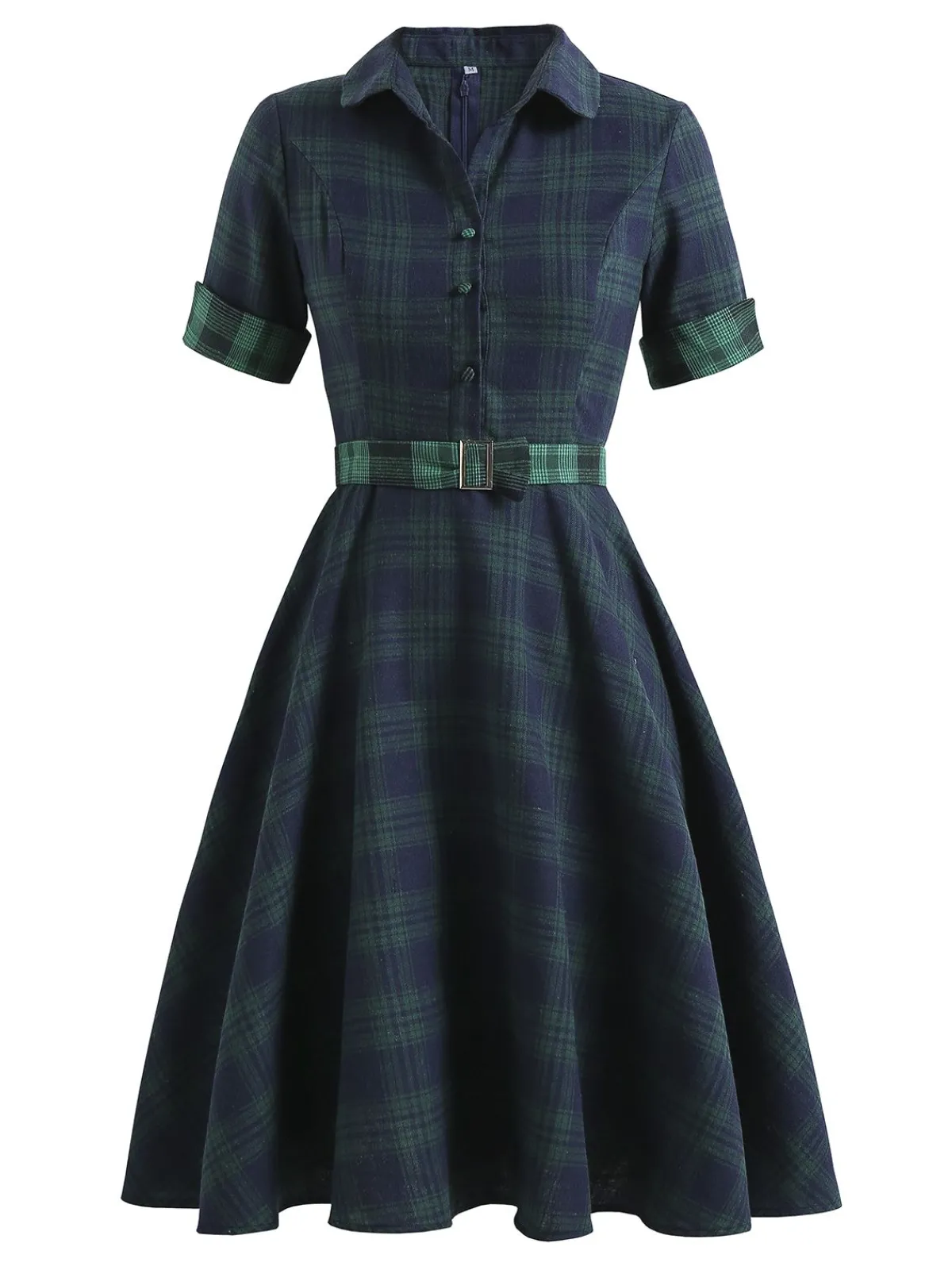 Outlet Retro Stage Plaids 1950s Buttoned Belted Swing Dress