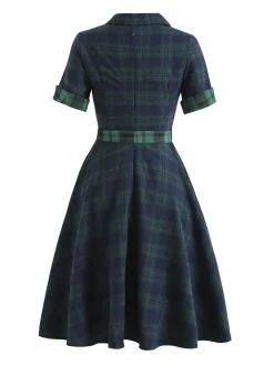 Outlet Retro Stage Plaids 1950s Buttoned Belted Swing Dress