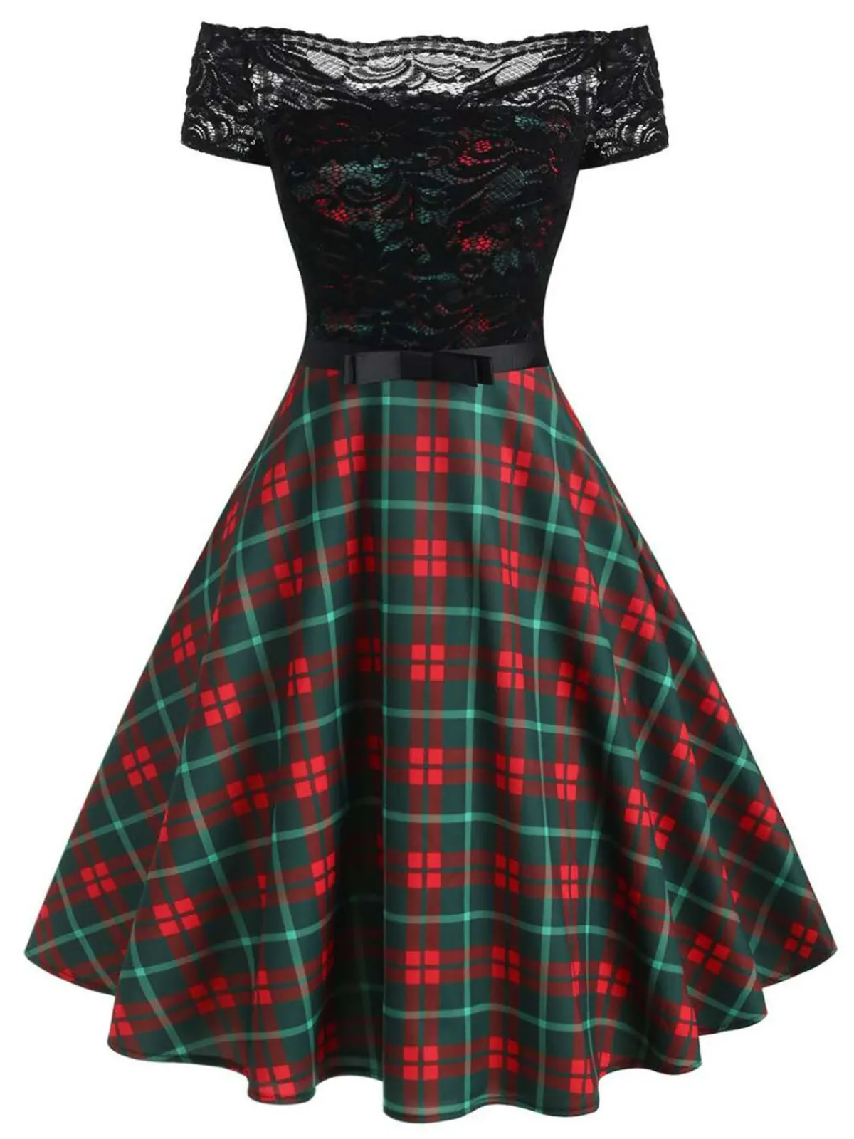 New Retro Stage 1950s Lace Patchwork Swing Dress Plaids