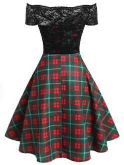 New Retro Stage 1950s Lace Patchwork Swing Dress Plaids