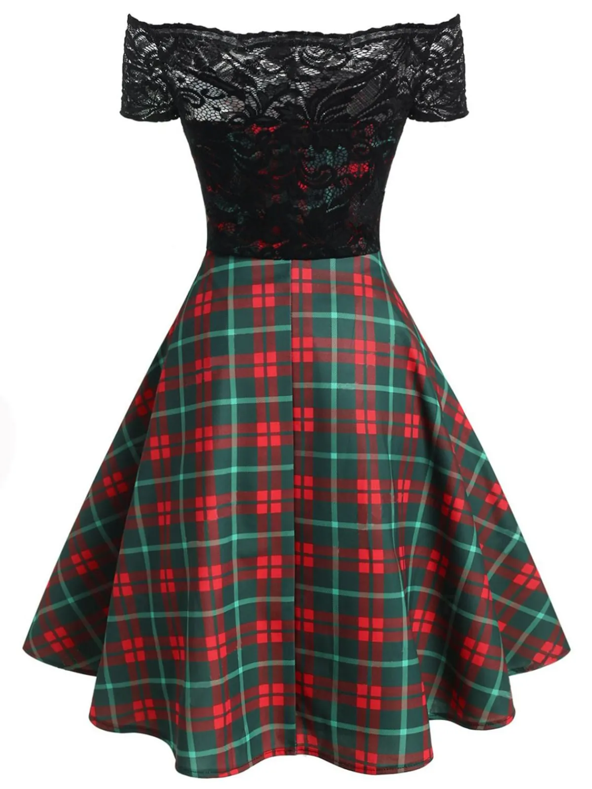 New Retro Stage 1950s Lace Patchwork Swing Dress Plaids