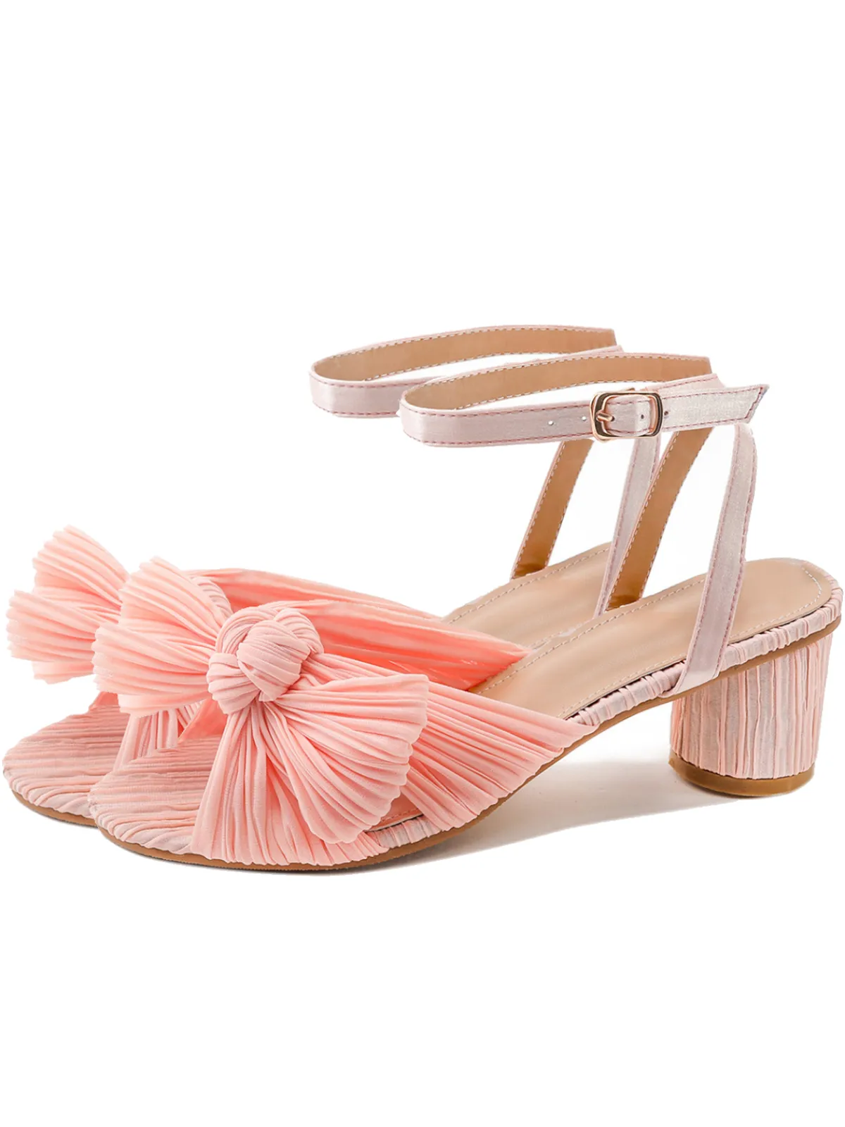 Discount Retro Stage Pleated Chiffon Bowknot Chunky Heels Sandals