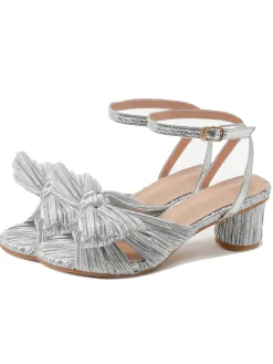 Discount Retro Stage Pleated Chiffon Bowknot Chunky Heels Sandals