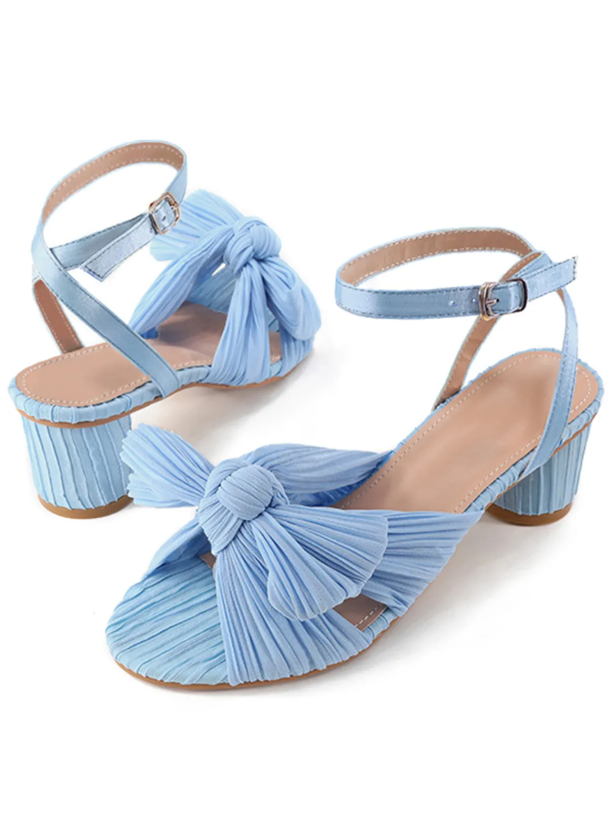 Discount Retro Stage Pleated Chiffon Bowknot Chunky Heels Sandals
