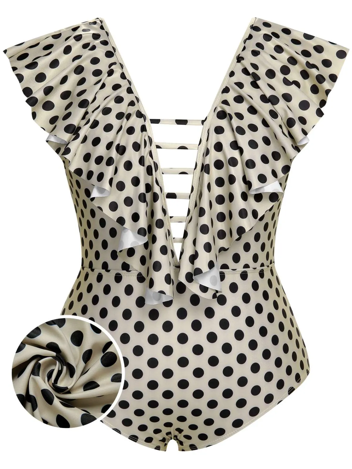 Best Retro Stage [Plus Size] 1960s Polka Dot Ruffles One-Piece Swimsuit Beige