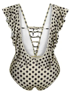 Best Retro Stage [Plus Size] 1960s Polka Dot Ruffles One-Piece Swimsuit Beige