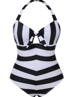 Hot Retro Stage [Plus Size] 1950s Barbie Striped Halter One-Piece Swimsuit Black & White