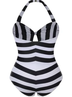 Hot Retro Stage [Plus Size] 1950s Barbie Striped Halter One-Piece Swimsuit Black & White