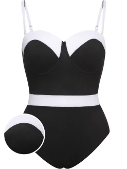 Best Retro Stage [Plus Size] & White 1950s Patchwork Strap Swimsuit Black