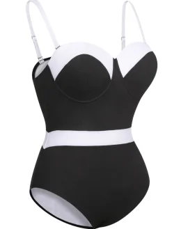Best Retro Stage [Plus Size] & White 1950s Patchwork Strap Swimsuit Black