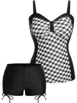 Discount Retro Stage [Plus Size] & White 1960s Geometric Lace-Up Swimsuit Black