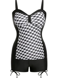 Discount Retro Stage [Plus Size] & White 1960s Geometric Lace-Up Swimsuit Black