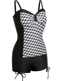 Discount Retro Stage [Plus Size] & White 1960s Geometric Lace-Up Swimsuit Black