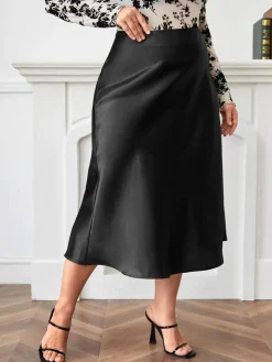 Hot Retro Stage [Plus Size] 1950s A-Line Satin Skirt Black