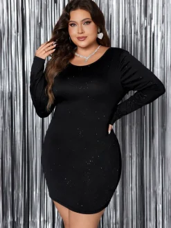 Hot Retro Stage [Plus Size] 1970s Back Deep V Dress Black