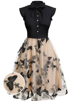Online Retro Stage [Plus Size] 1950s Butterfly Patchwork Vintage Dress Black