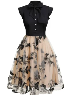 Online Retro Stage [Plus Size] 1950s Butterfly Patchwork Vintage Dress Black