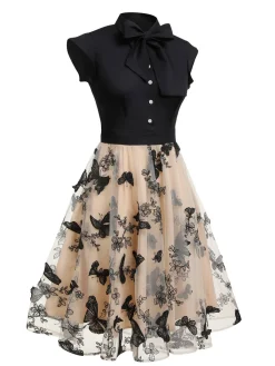 Online Retro Stage [Plus Size] 1950s Butterfly Patchwork Vintage Dress Black
