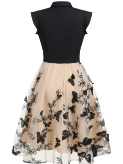 Online Retro Stage [Plus Size] 1950s Butterfly Patchwork Vintage Dress Black