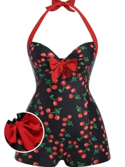 Clearance Retro Stage [Plus Size] Black 1960s Cherry One-Piece Swimsuit Red
