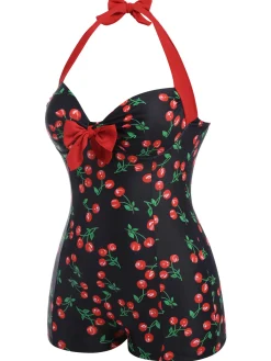 Clearance Retro Stage [Plus Size] Black 1960s Cherry One-Piece Swimsuit Red