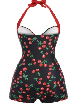 Clearance Retro Stage [Plus Size] Black 1960s Cherry One-Piece Swimsuit Red