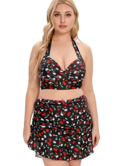 Best Retro Stage [Plus Size] 1930s Cherry Halter Swimsuit Black