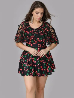 Outlet Retro Stage [Plus Size] 1930s Cherry Skirt Swimsuit Black