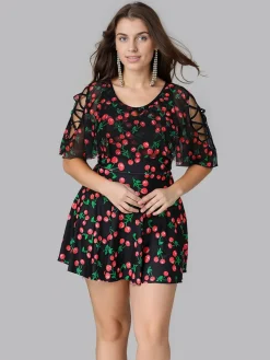 Outlet Retro Stage [Plus Size] 1930s Cherry Skirt Swimsuit Black