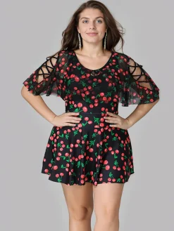 Outlet Retro Stage [Plus Size] 1930s Cherry Skirt Swimsuit Black