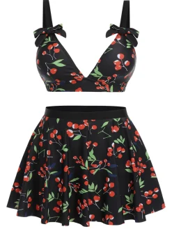 Fashion Retro Stage [Plus Size] 1950s Cherry Bow V-Neck Swimsuit Black